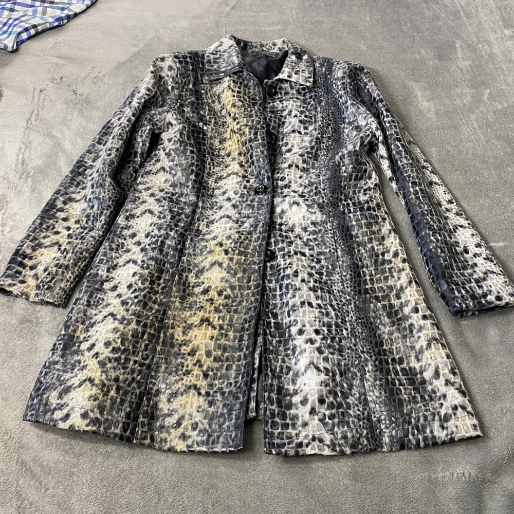 Selene Sport Trench Coat Womens S Grey Faux Croc Embossed Animal Print Button Up